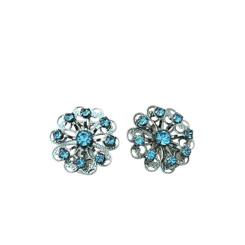 Camelot Silver Tone Blue Rhinestone Star Brooch and Clip On Earrings Box Set Vtg